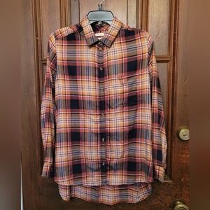 American Eagle Boyfriend Fit Flannel Orange Black Yellow Plaid Shirt-Large